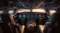 Cockpit of airplane inside view, flight deck of modern aircraft, autopilot, generative AI