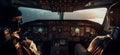 Cockpit of an airplane with a pilots. Generative Ai