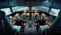 Cockpit of airplane or space shuttle inside view, flight deck of aircraft, generative AI Royalty Free Stock Photo