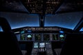 Cockpit aviation control panel digital display instruments of an aircraft in flight at night Royalty Free Stock Photo