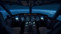 Cockpit aviation control panel digital display instruments of an aircraft in flight at night with the horizon of the Earth in