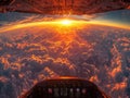 Cockpit clouds horizon sunset view, flight journey exploration freedom, adventure navigation