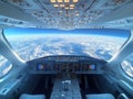 Cockpit clouds horizon sunset view, flight journey exploration freedom, adventure navigation