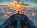 Cockpit clouds horizon sunset view, flight journey exploration freedom, adventure navigation