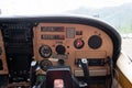 Cockpit copilot view of the instrument panel of Cessna airplane bush plane in Alaska