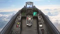 Cockpit of fighter jet plane in flight, military aircraft, army airplane flying in sky with clouds, 3D rendering Royalty Free Stock Photo