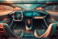 Cockpit of futuristic car concept. Autonomous car. Self driving vehicle. Autopilot. Generative AI