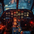 Cockpit of Helicopter with Control Panel and Illuminated Instruments Royalty Free Stock Photo
