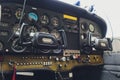 Cockpit helicopter - Instruments panel. Interior of helicopter control dashboard, Heli on the ground. Blue colored.