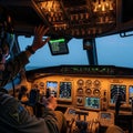 Interior of an aircraft with a pilot wearing a flight suit and Royalty Free Stock Photo