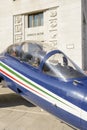 Cockpit of jet fighter on display in city center, Milan, Italy