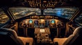 Cockpit pilot Flight Deck display. Throttle jet cabin with control panel plane