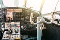 The cockpit of the pilot of the old turboprop aircraft of the biplane, the steering wheel.