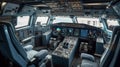 Cockpit of plane inside view, airplane flight deck at airport, generative AI Royalty Free Stock Photo