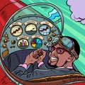 cockpit of a retro aircraft, the african american pilot leads the airplane. Pilot profession