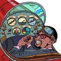 cockpit of a retro aircraft, the african american pilot leads the airplane. Pilot profession