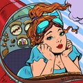 cockpit of a retro aircraft, the woman pilot leads the airplane. Pilot profession Royalty Free Stock Photo