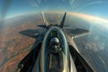 Pilot's perspective during an F-22 fighter jet takeoff over scenic landscape Royalty Free Stock Photo