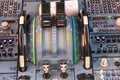 cockpit view of instruments of a commercial jet airliner with pilot in cruise flight Royalty Free Stock Photo