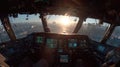 Cockpit View at Sunrise with Flight Instruments and Control Panel Royalty Free Stock Photo