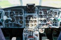 Cockpit of the Yak-40 aircraft with all equipment and control levers of engines and helms