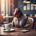 A cockroach in an austere suit drinking coffee in a cafe