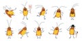 Cockroach funny cartoon set. Dirt cockroaches, cute home insect with various emotions. Wild pest or parasite, isolated