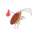 Cockroach insect with bag on stick stands and looks sadly, funny brown bug with antennae, vector cartoon pest parasite Royalty Free Stock Photo