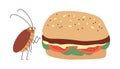 Cockroach insect stands near the hamburger, funny brown pest parasite bug wants to eat human food vector illustration