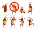 Cockroach mascot. Cartoon roach character, insect in prohibition stop sign and pests beetle vector illustration set