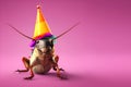 Cockroach pest in party cone hat necklace bowtie outfit isolated on solid pastel background advertisement