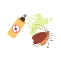 Cockroach running from insecticide spray, cartoon flat vector illustration isolated on white background.
