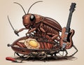 A cockroach sits on a plate with an egg and two sausages