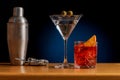 Cocktail allure: Drinks beautifully arranged on a bar table Royalty Free Stock Photo