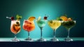 Set of fresh colorful alcoholic cocktails, delicious fresh summer drinks, summer holidays. Generative AI Royalty Free Stock Photo