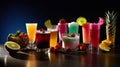 Set of fresh colorful alcoholic cocktails, dark background. Delicious summer drinks, hot summer holidays. Generative AI Royalty Free Stock Photo