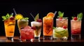 Set of fresh colorful alcoholic cocktails, dark background. Delicious summer drinks, hot summer holidays. Generative AI Royalty Free Stock Photo