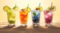 Set of fresh colorful alcoholic cocktails with fruits, delicious summer ice drinks, hot sunny holidays. Generative AI