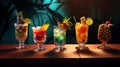 Set of fresh colorful alcoholic cocktails, dark background. Delicious summer drinks, hot summer holidays. Generative AI Royalty Free Stock Photo