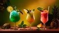 Set of fresh colorful alcoholic cocktails with fruits, delicious summer ice drinks, hot sunny holidays. Generative AI Royalty Free Stock Photo