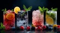 Set of fresh colorful alcoholic cocktails, dark background. Delicious summer drinks, hot summer holidays. Generative AI Royalty Free Stock Photo