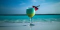 cocktail on the background of a beautiful sunset, beach, blue sea and sky summer vacation vacation concept Generative AI Royalty Free Stock Photo