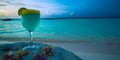 cocktail on the background of a beautiful sunset, beach, blue sea and sky summer vacation vacation concept Generative AI Royalty Free Stock Photo