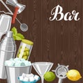 Cocktail bar background. Essential tools, glassware, mixers and garnishes.