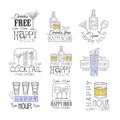 Cocktail Bar Happy Hour Promotion Sign Design Template Set Of Hand Drawn Hipster Sketches With Different Drinks And