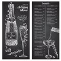 Cocktail bar menu design template set in retro style Isolated on on black chalckboard background. Hand drawn glass and bottle