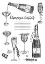 Cocktail bar menu design template set in retro style Isolated on gray background. Hand drawn glass and bottle champagne Royalty Free Stock Photo