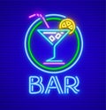 Cocktail bar neon sign wineglass for drink Royalty Free Stock Photo