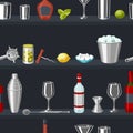 Cocktail bar seamless pattern. Essential tools, glassware, mixers and garnishes.