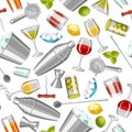 Cocktail bar seamless pattern. Essential tools, glassware, mixers and garnishes. Royalty Free Stock Photo